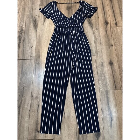 Navy & White Striped Jumpsuit Express XS Short Sleeves V-Neck & Elastic Waist - Picture 6 of 10